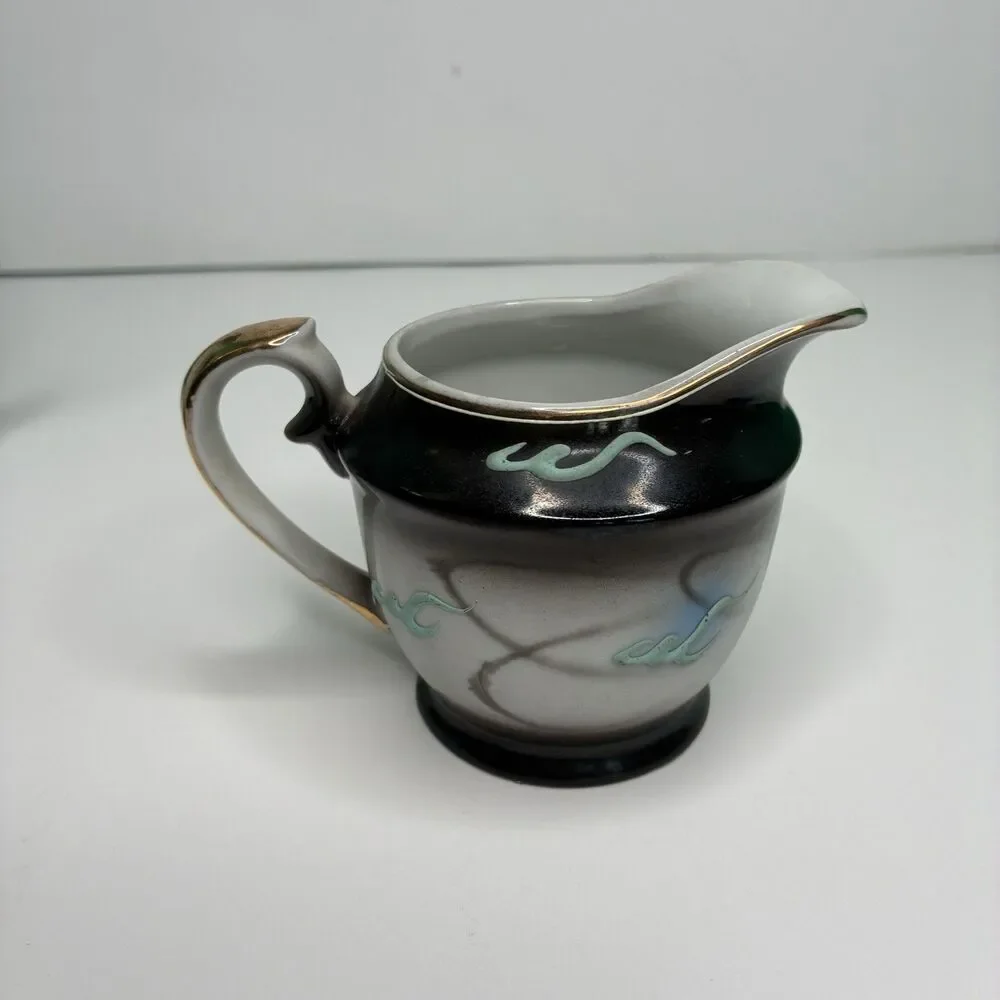 Dragonware Japan Moriage Lithophane Black Gray Blue Tea Pot Creamer Sugar Set